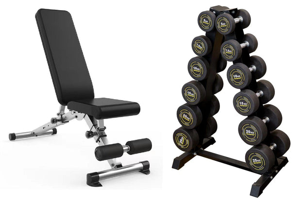 Strongway Gym Supplies 5-20KG SET + WEIGHT BENCH Strongway Complete Rubber Dumbbells Set with Storage Stand and Adjustable Weight Bench