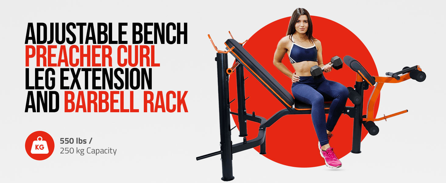Multi Gym Machine - Adjustable Weight Bench with Barbell Rack