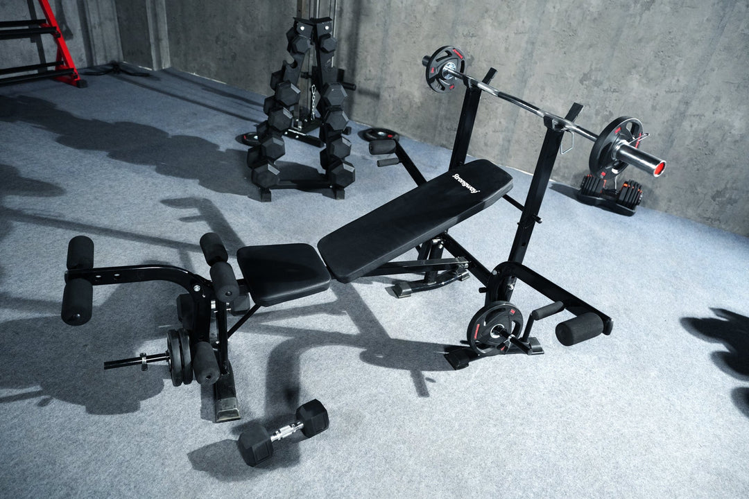 Multi Gym Machine Adjustable Weight Bench with Barbell Rack