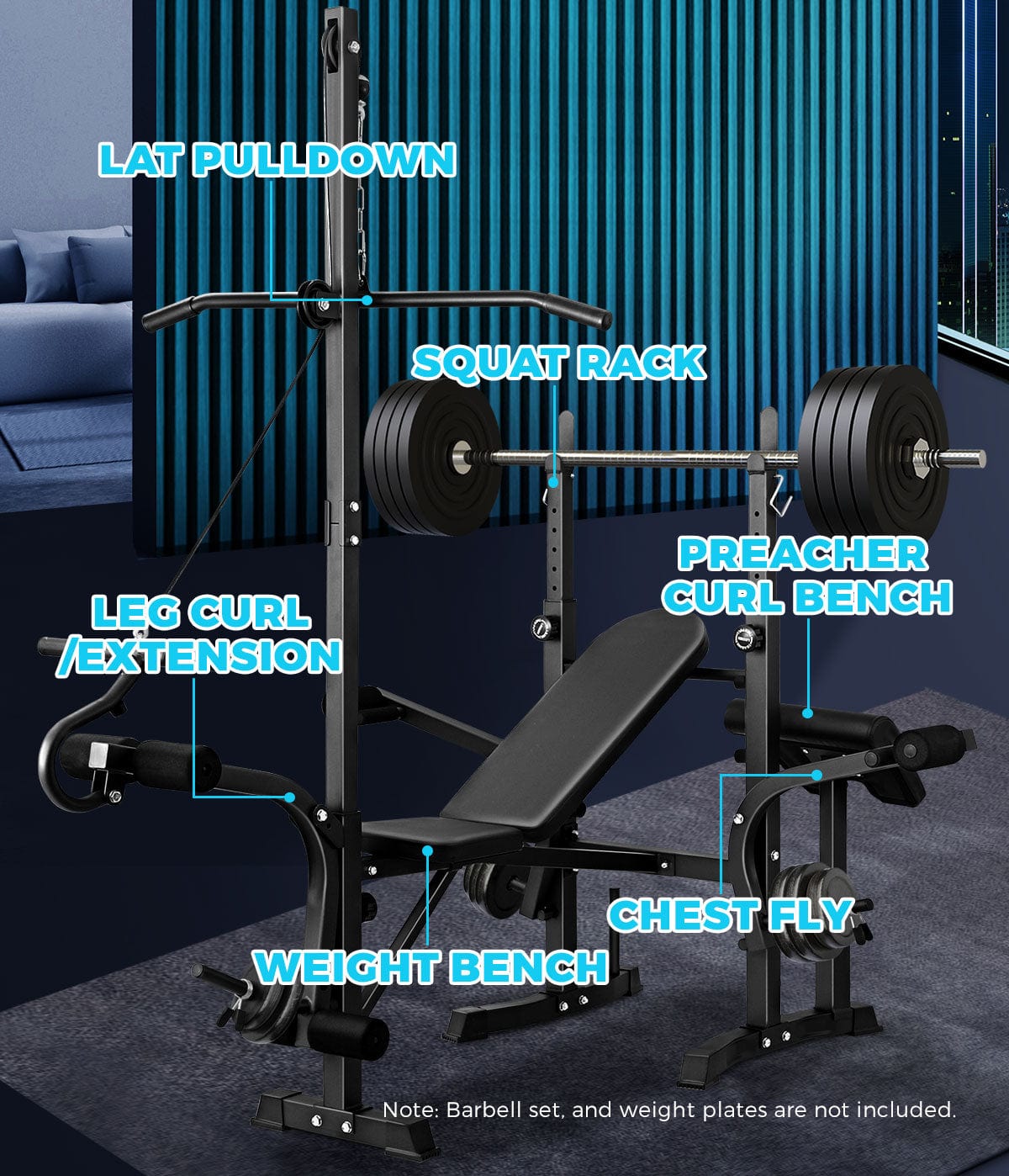 Multi Gym Machine - Adjustable Weight Bench with Barbell Rack