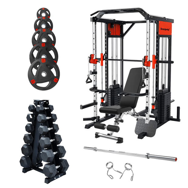 Strongway Gym Supplies 50KG Weight Plates + Multi Gym Smith Machine + 5-25KG Hex Dumbbells Set / + 7FT Barbell / + Adjustable Weight Bench (Foldable) Strongway Multi Gym Smith Machine with Weights Packages