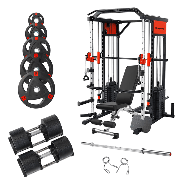 Strongway Gym Supplies 50KG Weight Plates + Multi Gym Smith Machine + Adjustable Weight Bench / + 7FT Barbell / + 32KG Adjustable Dumbbells (PAIR) Strongway Multi Gym Smith Machine with Weights Packages