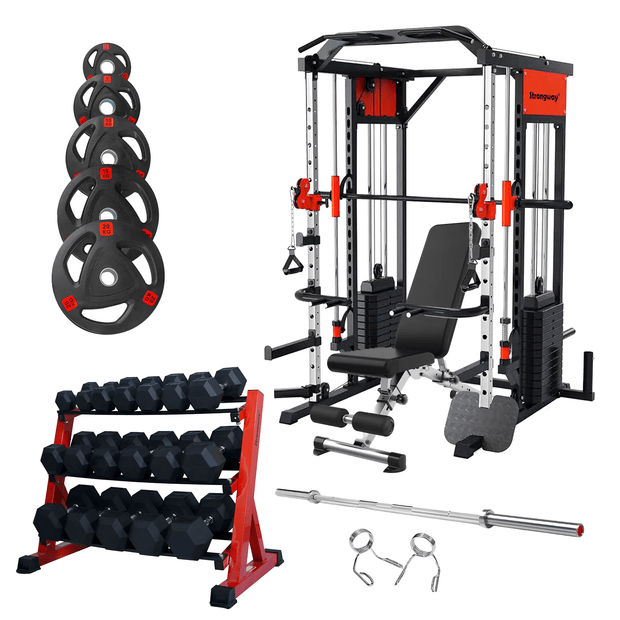 Strongway Gym Supplies 50KG Weight Plates + Multi Gym Smith Machine + Adjustable Weight Bench / + 7FT Barbell / + 5-20KG Set Strongway Multi Gym Smith Machine with Weights Packages