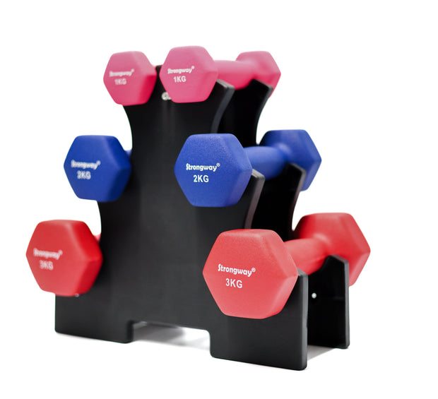 Strongway Gym Supplies SET 1 - 12KG SET | 2X (1KG+2KG+3KG) + STAND Strongway Neoprene Hex Dumbbells With Stand