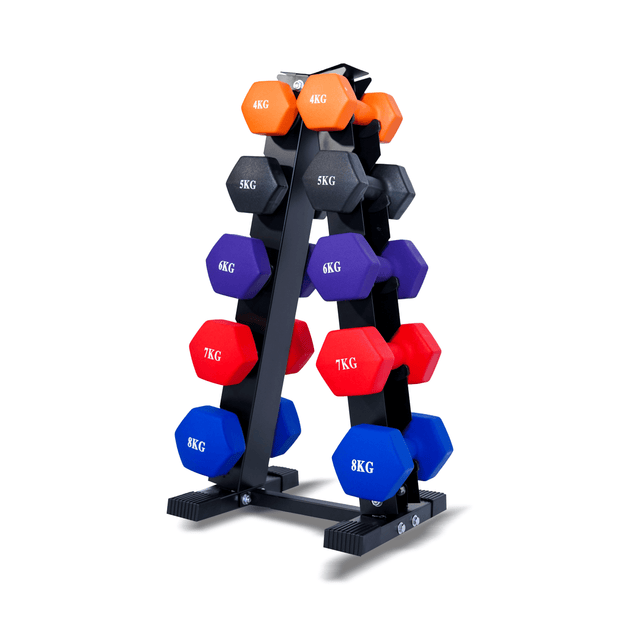 Strongway Gym Supplies SET 2 - 60KG SET | 2X (4KG+5KG+6KG+7KG+8KG) + STAND Strongway Neoprene Hex Dumbbells With Stand