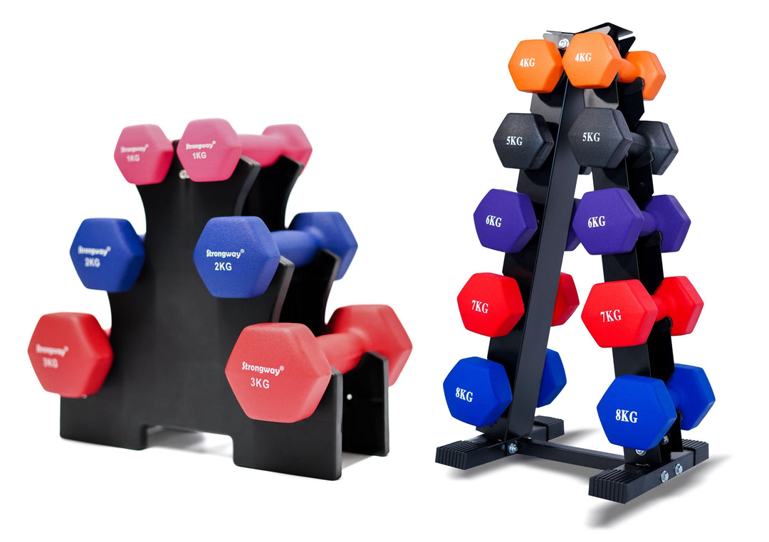 STRONGWAY Neoprene Hex Dumbbells With Stand Gym Weight Training