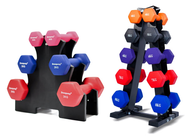 Strongway Gym Supplies SET 3 - 72KG SET | 2X (1KG+2KG+3KG+4KG+5KG+6KG+7KG+8KG) + STANDS Strongway Neoprene Hex Dumbbells With Stand