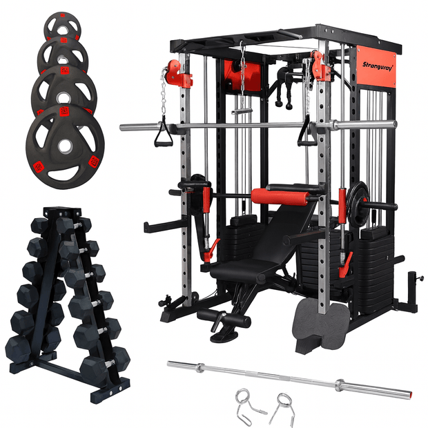 Strongway Gym Supplies 50KG Weight Plates + Multi Gym Smith Machine + 5-25KG Hex Dumbbells Set / + 7FT Barbell / + Adjustable Weight Bench (Foldable) Strongway PREMIUM Multi Gym Smith Machine (3 WEIGHT STACKS) with Weights Packages