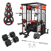 Strongway Gym Supplies 50KG Weight Plates + Multi Gym Smith Machine + Adjustable Weight Bench / + 7FT Barbell / + 32KG Adjustable Dumbbells (PAIR) Strongway PREMIUM Multi Gym Smith Machine (3 WEIGHT STACKS) with Weights Packages