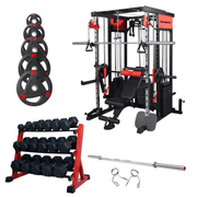 Strongway Gym Supplies 50KG Weight Plates + Multi Gym Smith Machine + Adjustable Weight Bench / + 7FT Barbell / + 5-20KG Set Strongway PREMIUM Multi Gym Smith Machine (3 WEIGHT STACKS) with Weights Packages