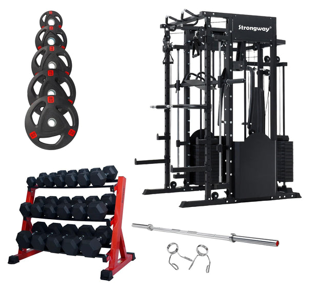 Strongway Gym Supplies 50KG Weight Plates + Multi Gym Smith Machine + Adjustable Weight Bench / + 7FT Barbell / + 5-20KG Set Strongway ULTIMATE Multi Gym Smith Machine (3 WEIGHT STACKS) with Weights Packages