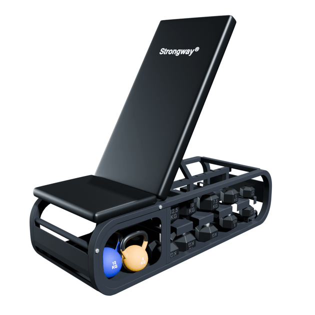 Strongway Storage Bench with Dumbbells & Kettlebells