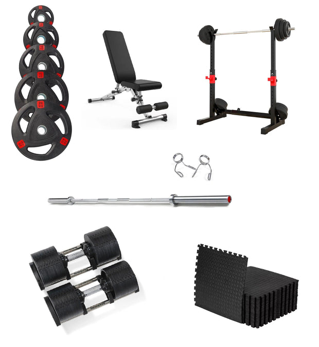 Strongway Gym Supplies Free Weights 50KG Olympic Weight Plates + Adjustable Weight Bench + Adjustable Squat and Barbell Rack + 8x Gym Mats / + 6FT Barbell / + 32KG Adjustable Dumbbells Ultimate Set - Olympic Weight Plates + Olympic Barbell + Adjustable Squat and Barbell Rack + Adjustable Dumbbells + Weight Bench + Gym Mats