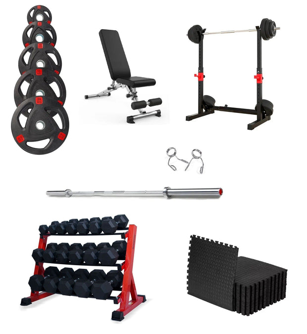 Strongway Gym Supplies Free Weights 50KG Olympic Weight Plates + Adjustable Squat and Barbell Rack + Adjustable Weight Bench + 8x Gym Mats / + 6FT Barbell / 5KG-20KG Set Ultimate Set - Olympic Weight Plates + Olympic Barbell + Adjustable Squat and Barbell Rack + Hex Dumbbells Set + Weight Bench + Gym Mats
