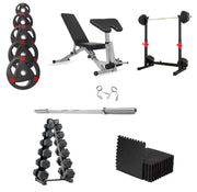 Strongway Gym Supplies Free Weights 50KG Olympic Weight Plates + Hex Dumbbells Set + Adjustable Squat and Barbell Rack + 8x Gym Mats / + 6FT Barbell / + Adjustable Weight Bench with Preacher Curl and Leg Workout Ultimate Set - Olympic Weight Plates + Olympic Barbell + Adjustable Squat and Barbell Rack + Hex Dumbbells Set + Weight Bench + Gym Mats