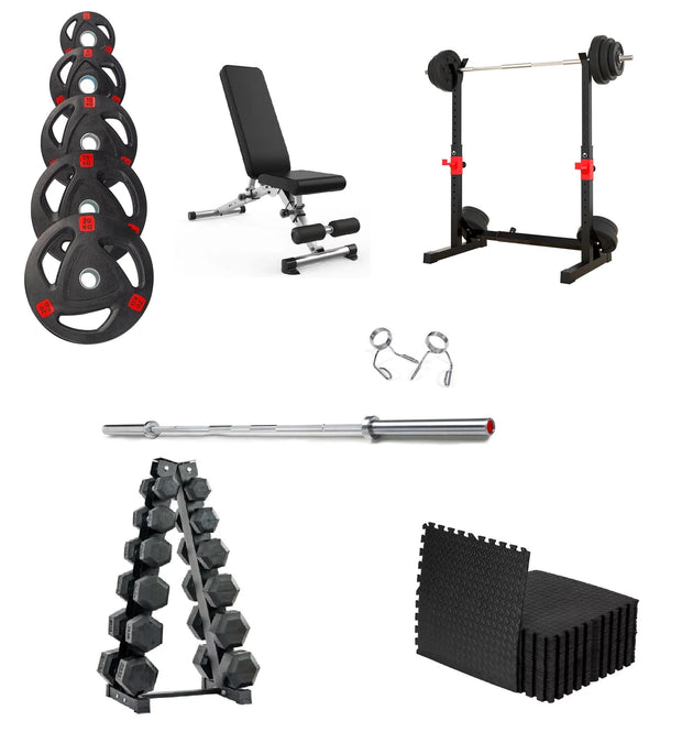 Strongway Gym Supplies Free Weights 50KG Olympic Weight Plates + Hex Dumbbells Set + Adjustable Squat and Barbell Rack + 8x Gym Mats / + 6FT Barbell / + Adjustable Weight Bench Ultimate Set - Olympic Weight Plates + Olympic Barbell + Adjustable Squat and Barbell Rack + Hex Dumbbells Set + Weight Bench + Gym Mats