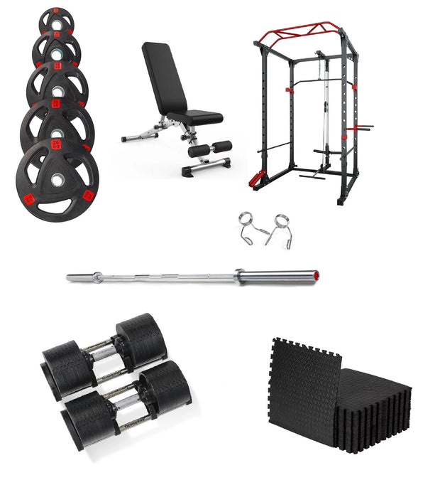 Strongway Gym Supplies Free Weights 50KG Olympic Weight Plates + Multi-Gym Squat Rack + Adjustable Weight Bench + 8x Gym Mats / + 6FT Barbell / + 32KG Adjustable Dumbbells Ultimate Set - Olympic Weight Plates + Olympic Barbell + Multi-Gym Squat Rack + Adjustable Dumbbells + Weight Bench + Gym Mats