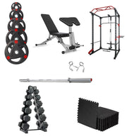 Strongway Gym Supplies Free Weights Ultimate Set - Olympic Weight Plates + Olympic Barbell + Multi-Gym Squat Rack + Hex Dumbbells Set + Weight Bench + Gym Mats