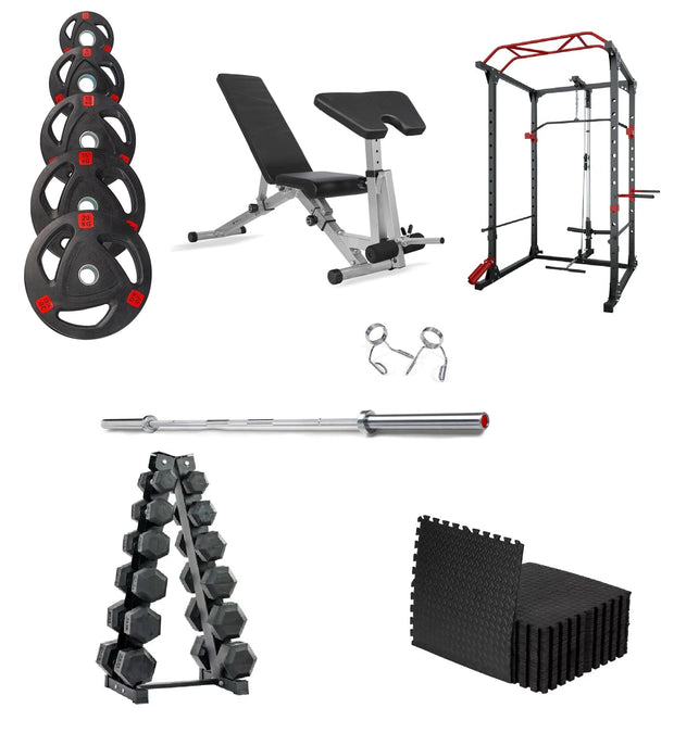 Strongway Gym Supplies Free Weights Ultimate Set - Olympic Weight Plates + Olympic Barbell + Multi-Gym Squat Rack + Hex Dumbbells Set + Weight Bench + Gym Mats