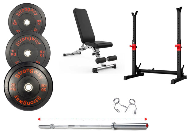 Strongway Gym Supplies Free Weights 50KG Olympic Bumper Weight Plates + Adjustable Squat and Barbell Rack + Adjustable Weight Bench / + 6FT Barbell 50KG / 70KG / 100KG Olympic Bumper Weight Plates + 6FT or 7FT Olympic Barbell + Adjustable Squat and Barbell Rack + Adjustable Weight Bench