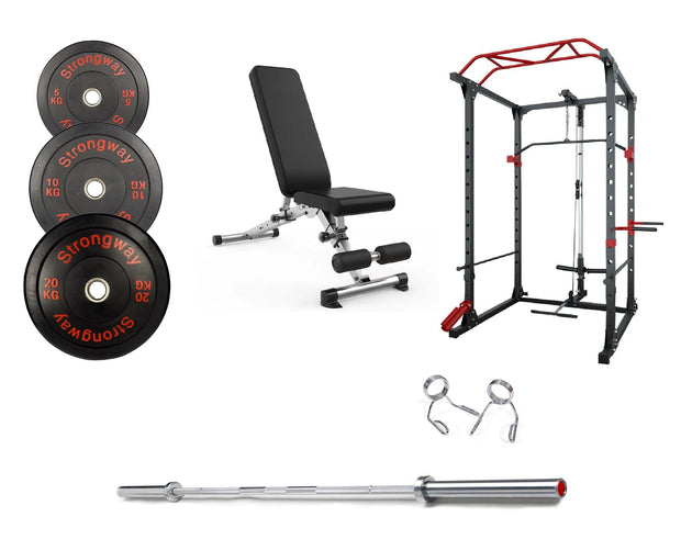 Strongway Gym Supplies Free Weights 50KG Olympic Bumper Weight Plates + Multi-Gym Squat Rack + Adjustable Weight Bench / + 6FT Barbell 50KG / 70KG / 100KG Olympic Bumper Weight Plates + 6FT or 7FT Olympic Barbell + Multi-Gym Squat Rack  + Adjustable Weight Bench