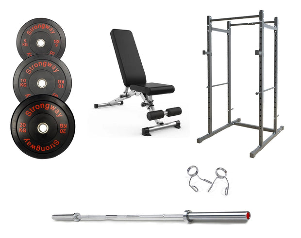 Strongway Gym Supplies Free Weights 50KG Olympic Bumper Weight Plates + Multi-Gym Squat Rack + Adjustable Weight Bench / + 6FT Barbell 50KG / 70KG / 100KG Olympic Bumper Weight Plates + 6FT or 7FT Olympic Barbell + Multi-Gym Squat Rack (Power Cage)  + Adjustable Weight Bench