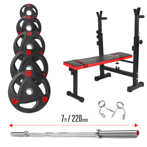 Strongway Gym Supplies 50KG / 70KG / 100KG Olympic Weight Plates + 6FT or 7FT Olympic Barbell + Adjustable Weight Bench with Barbell Rack