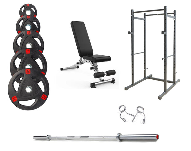 Strongway Gym Supplies Free Weights 50KG Olympic Weight Plates + Multi-Gym Squat Rack + Adjustable Weight Bench / + 6FT Barbell 50KG / 70KG / 100KG Olympic Weight Plates + 6FT or 7FT Olympic Barbell + Multi-Gym Squat Rack (Power Cage) + Adjustable Weight Bench