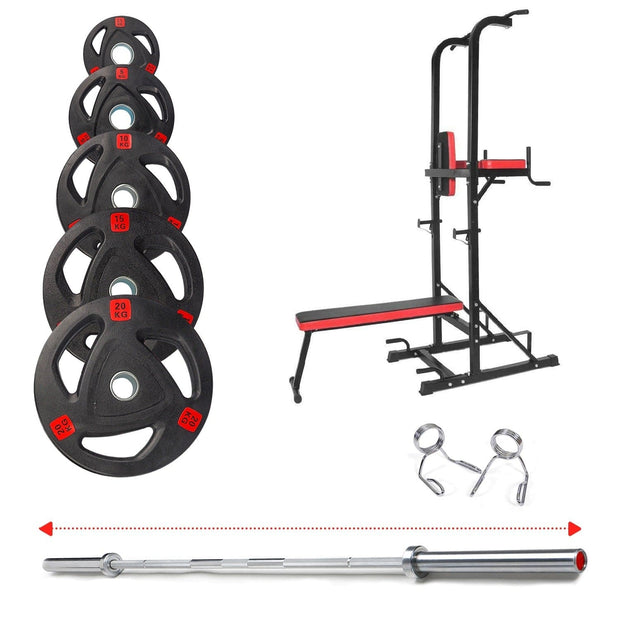 Strongway Gym Supplies Free Weights 50KG Olympic Weight Plates + Power Tower Dip Station with Bench / + 6FT Barbell 50KG / 70KG / 100KG Olympic Weight Plates + 6FT or 7FT Olympic Barbell + Power Tower Dip Station with Bench