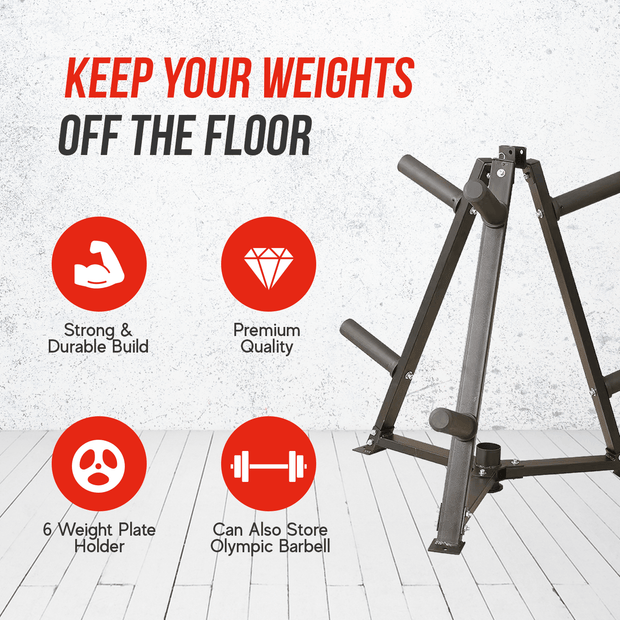 Strongway Gym Supplies 6-Peg Weight Plate Tree and Vertical Bar Holder Storage Rack