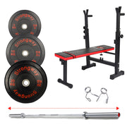 50KG/70KG/100KG Olympic Bumper Weight Plates + 6FT or 7FT Barbell + Bench with Barbell Rack