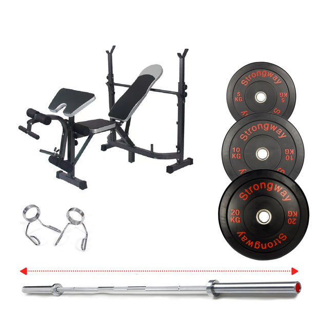 50KG / 70KG / 100KG Olympic Bumper Weight Plates + 6FT or 7FT Olympic Barbell + Adjustable Weight Bench with Barbell Rack