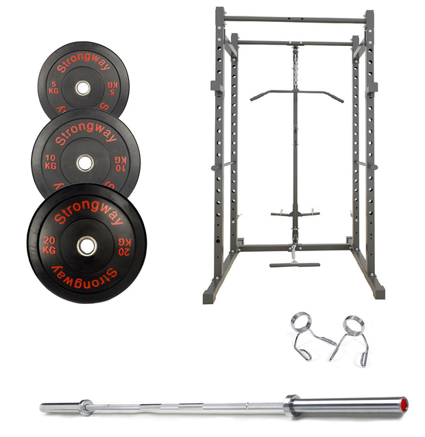 50KG / 70KG / 100KG Olympic Bumper Weight Plates + 6FT or 7FT Olympic Barbell + Multi-Gym Squat Rack (Power Cage with Cable Pulley System)