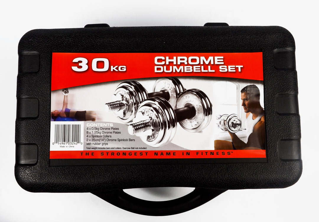 Offers 30kg Dumbbells Weights Set Cast Iron Chrome with Box