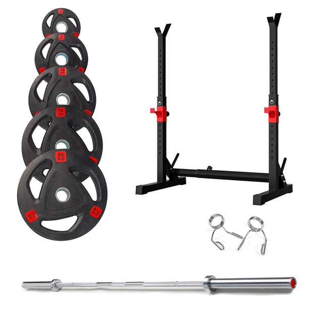 50KG / 70KG / 100KG Olympic Weight Plates + 6FT or 7FT Olympic Barbell + Adjustable Full Squat and Barbell Rack